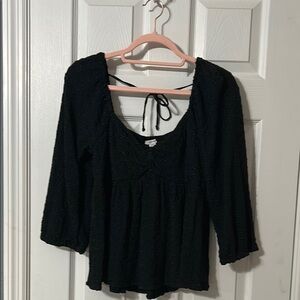 American Eagle Outfitters Black Smocked Embroidered Twist Front Blouse